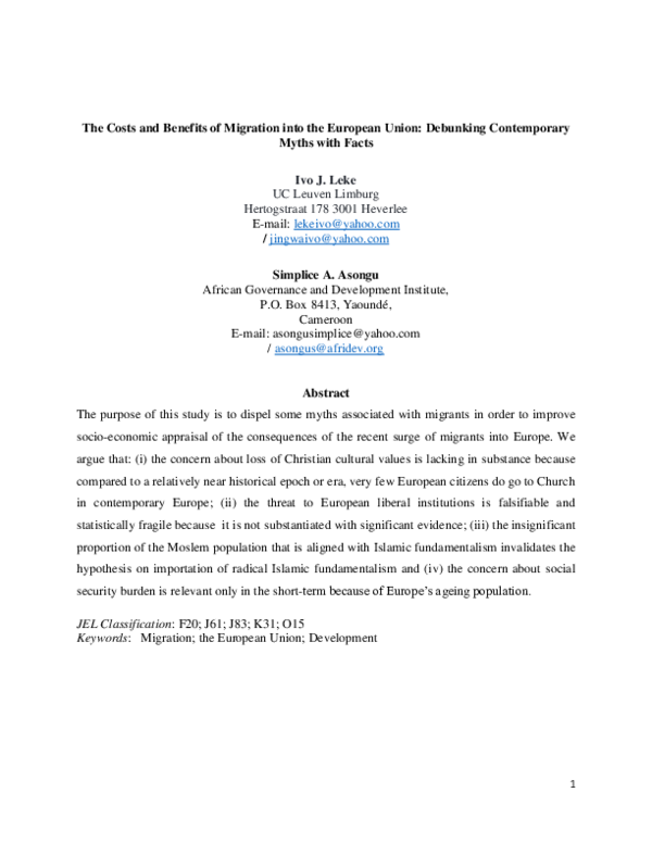 (PDF) The Costs and Benefits of Migration into the European Union ...