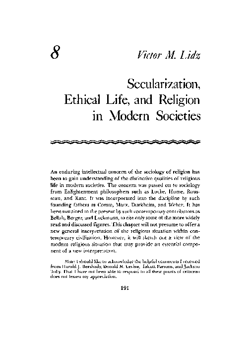 (PDF) Secularization, Ethical Life, and Religion in Modern Societies