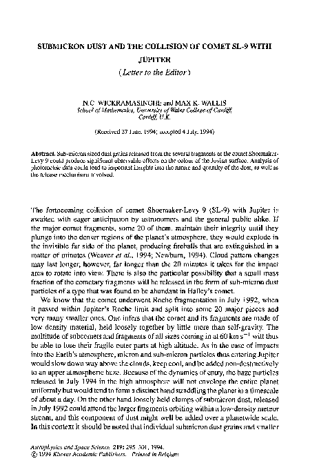 (PDF) Submicron dust and the collision of comet SL9 with Jupiter