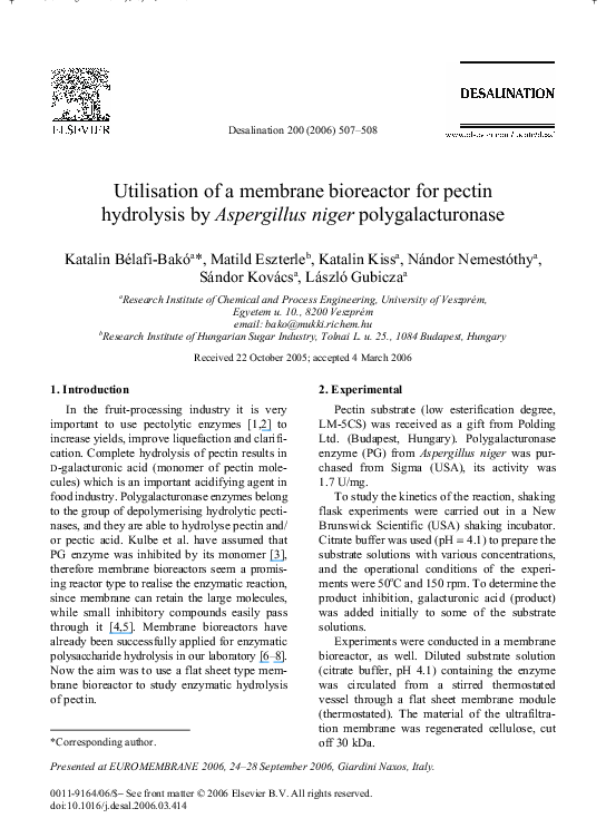 (PDF) Utilisation of a membrane bioreactor for pectin hydrolysis by