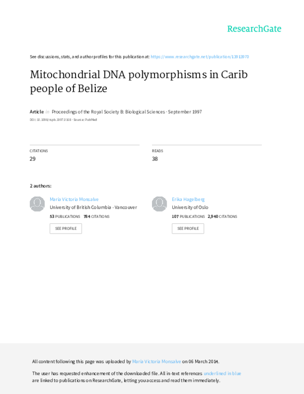 (PDF) Mitochondrial DNA polymorphisms in Carib people of Belize