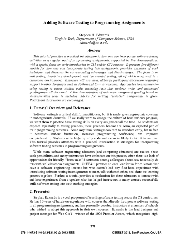 (PDF) Adding software testing to programming assignments