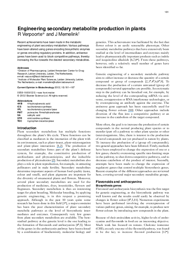 (PDF) Engineering secondary metabolite production in plants