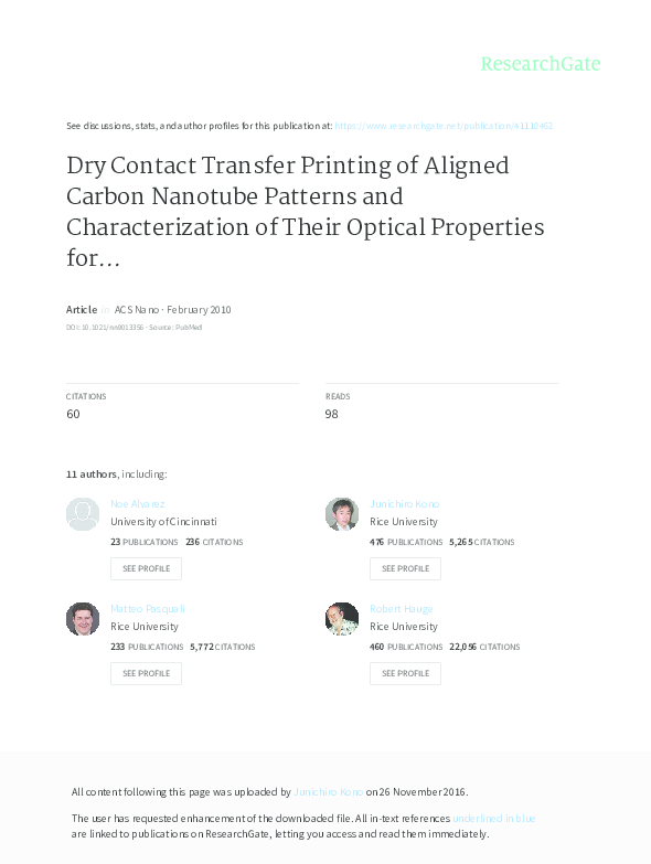 (PDF) Dry Contact Transfer Printing of Aligned Carbon Nanotube Patterns ...