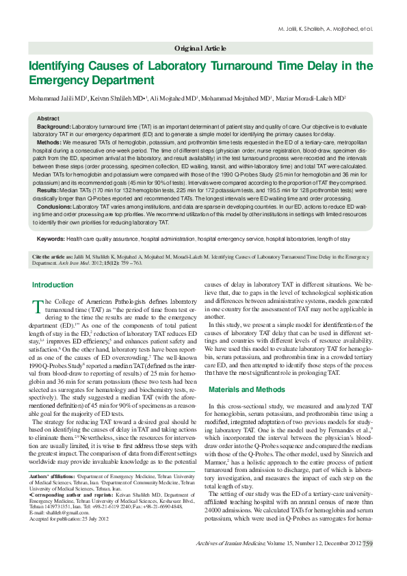 (PDF) Identifying causes of laboratory turnaround time delay in the ...