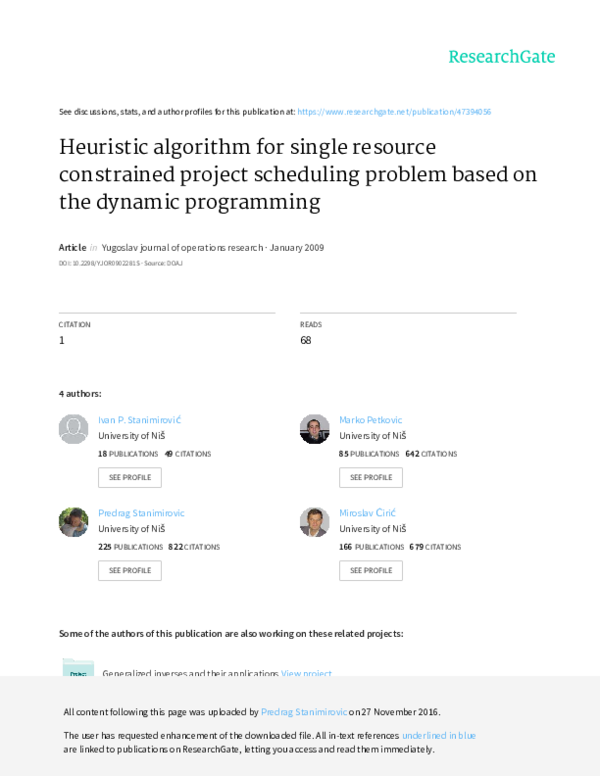 (PDF) Heuristic algorithm for single resource constrained project ...