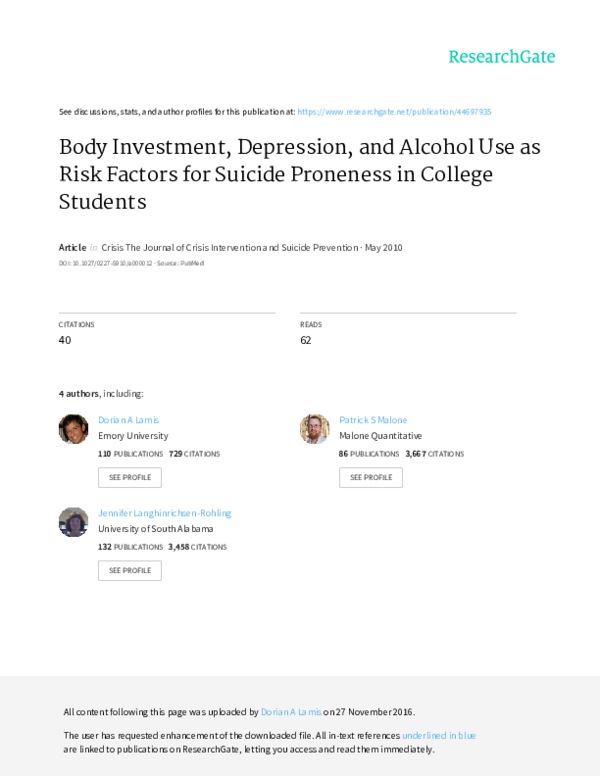 (PDF) Body Investment, Depression, and Alcohol Use as Risk Factors for