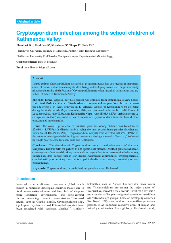 (PDF) Cryptosporidium infection among the school children of Kathmandu ...