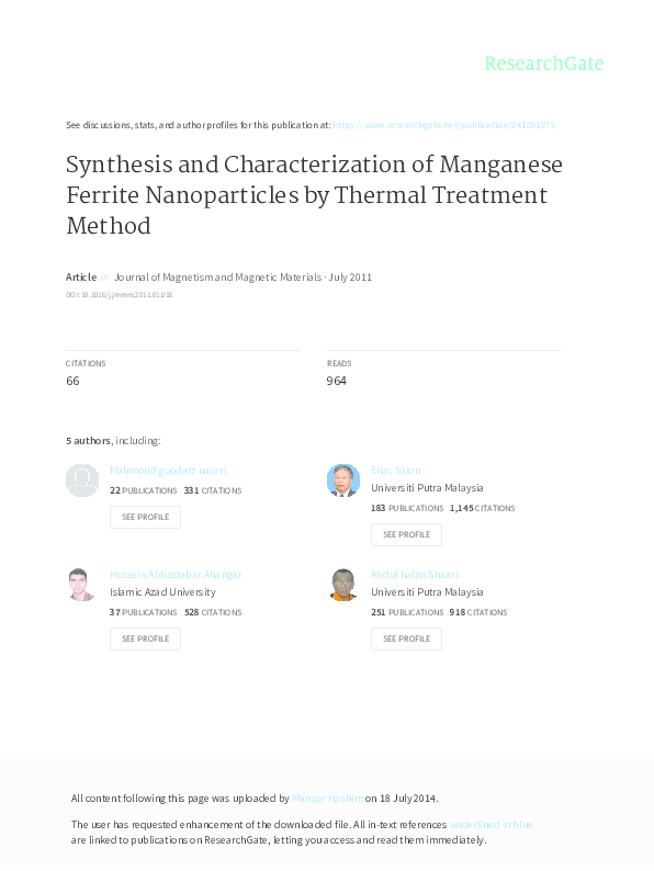 (PDF) Synthesis and Characterization of Zinc Ferrite by XRD, Vsm and Electron Spin Resonance