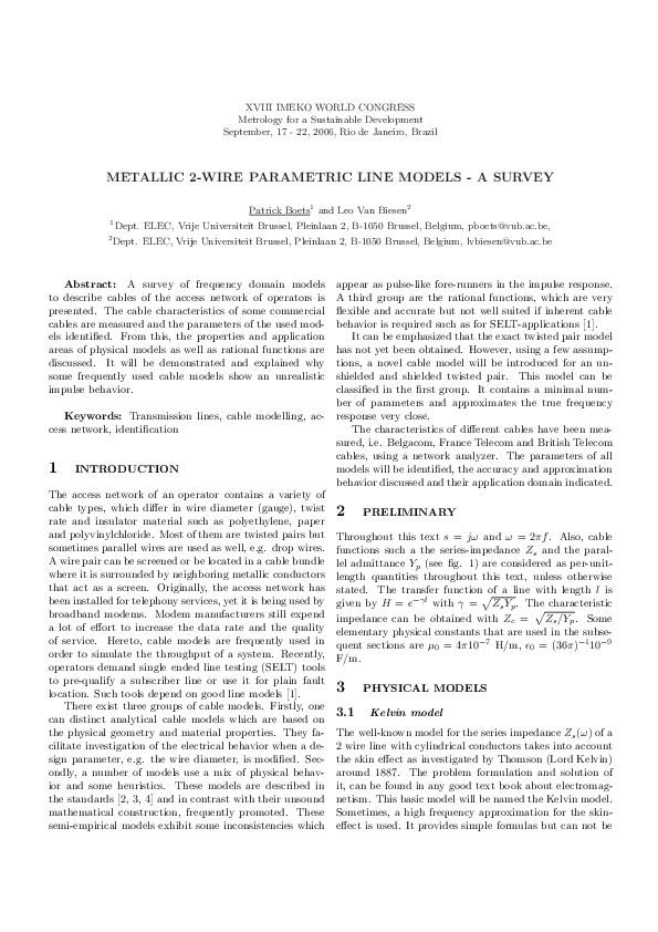 (PDF) Metallic 2WIRE Parametric Line Models - a Survey