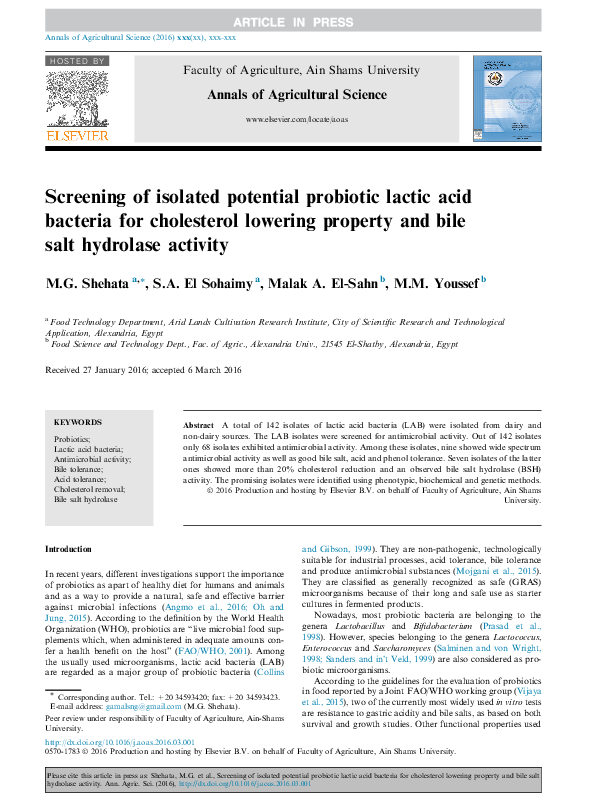 (PDF) Screening of isolated potential probiotic lactic acid bacteria ...