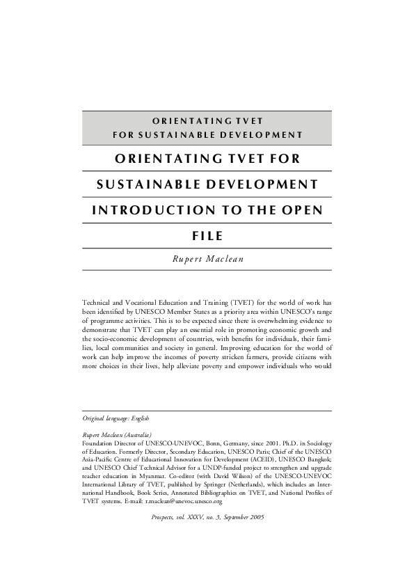 (PDF) Orientating Tvet for Sustainable Development Introduction to the ...