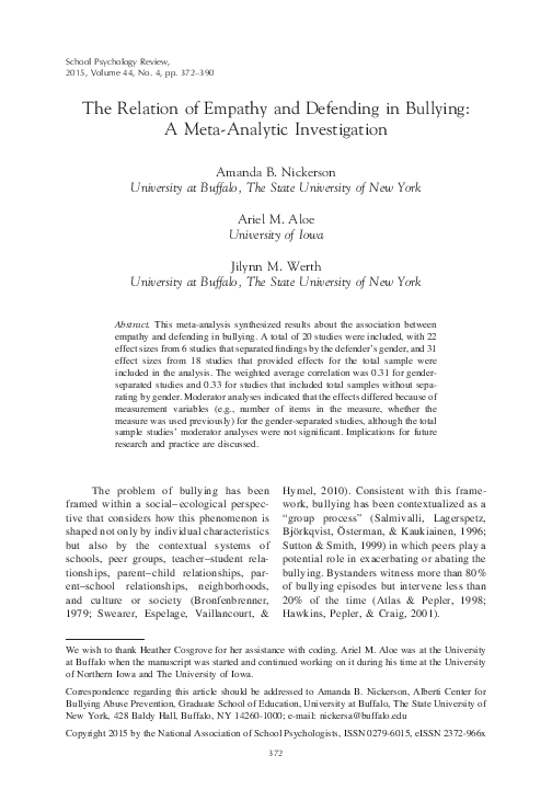 (PDF) The Relation of Empathy and Defending in Bullying: A Meta ...