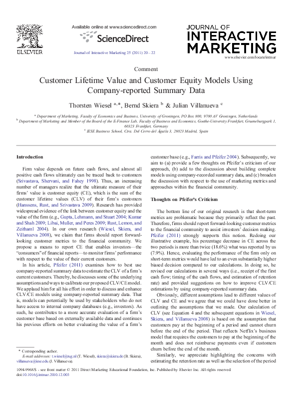 (PDF) Customer Lifetime Value and Customer Equity Models Using Company ...