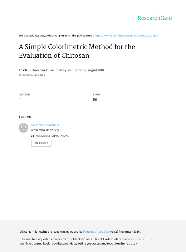 (PDF) A Simple Colorimetric Method for the Evaluation of Chitosan