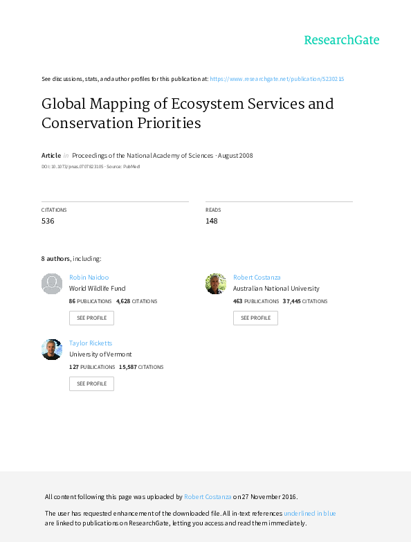 (PDF) Global mapping of ecosystem services and conservation priorities
