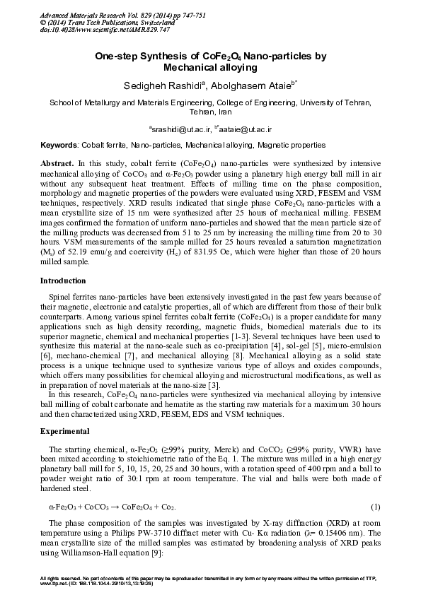(PDF) One-step Synthesis of CoFe 2 O 4 Nano-particles by Mechanical ...