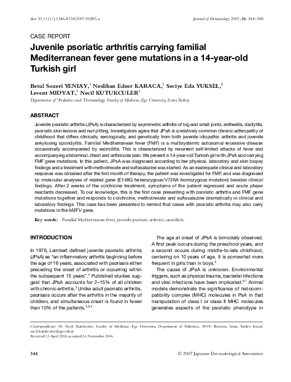 (PDF) Juvenile psoriatic arthritis carrying familial Mediterranean