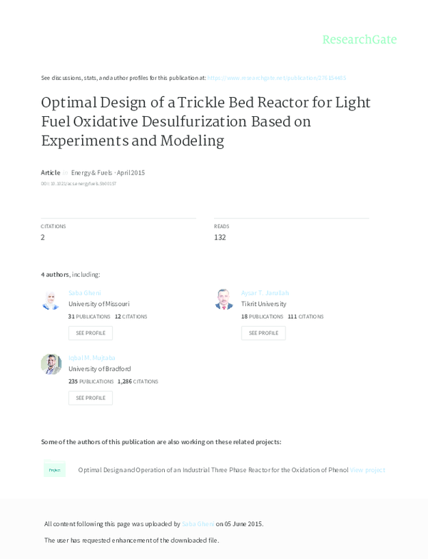 (PDF) Optimal Design of a Trickle Bed Reactor for Light Fuel Oxidative ...