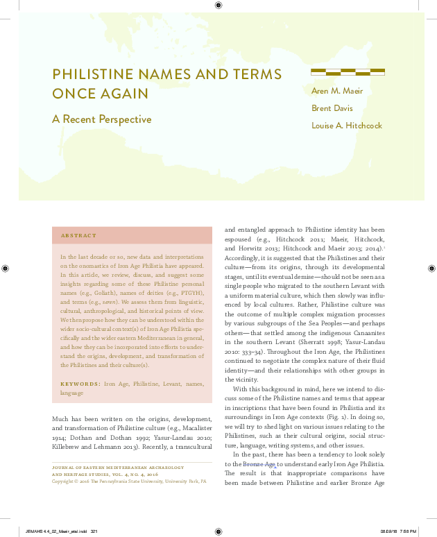 (PDF) Maeir, A. M., et al. 2016 (final proofs). Philistine Names and ...