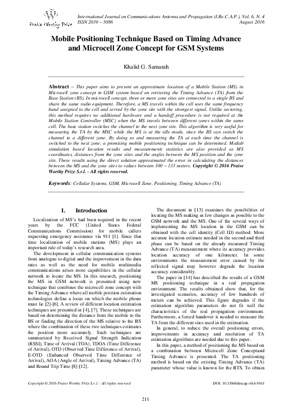 (PDF) Mobile Positioning Technique Based on Timing Advance and