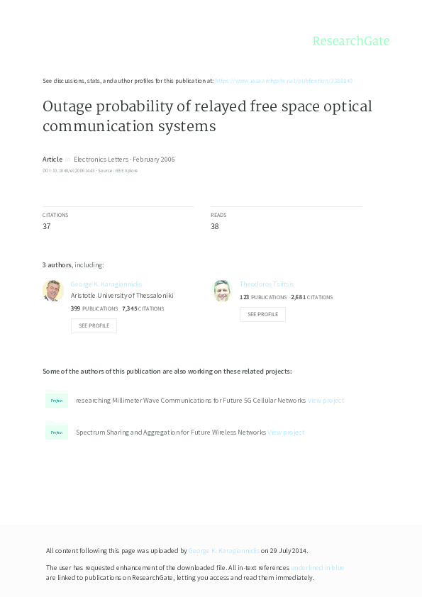 (PDF) Outage probability of relayed free space optical communication ...