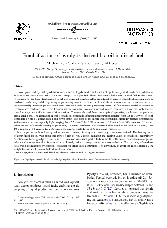 (PDF) Emulsification of pyrolysis derived bio-oil in diesel fuel