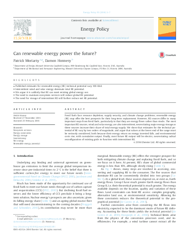 (PDF) Can renewable energy power the future?
