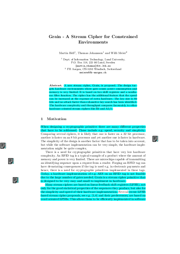 (PDF) Grain -A Stream Cipher for Constrained Environments