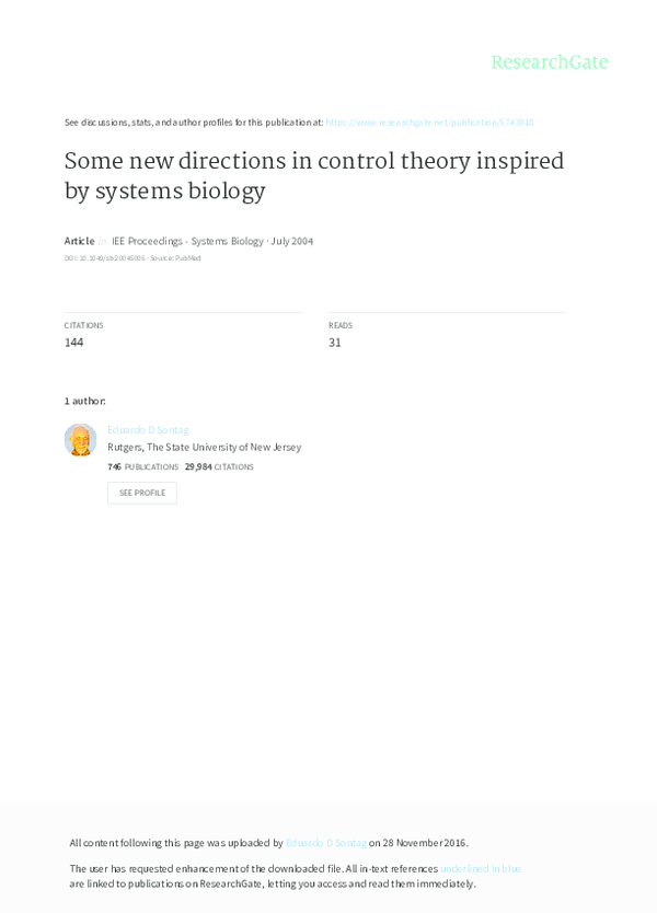 (PDF) Some new directions in control theory inspired by systems biology