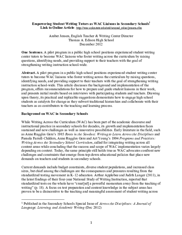 (PDF) Empowering Student Writing Tutors as WAC Liaisons in Secondary ...