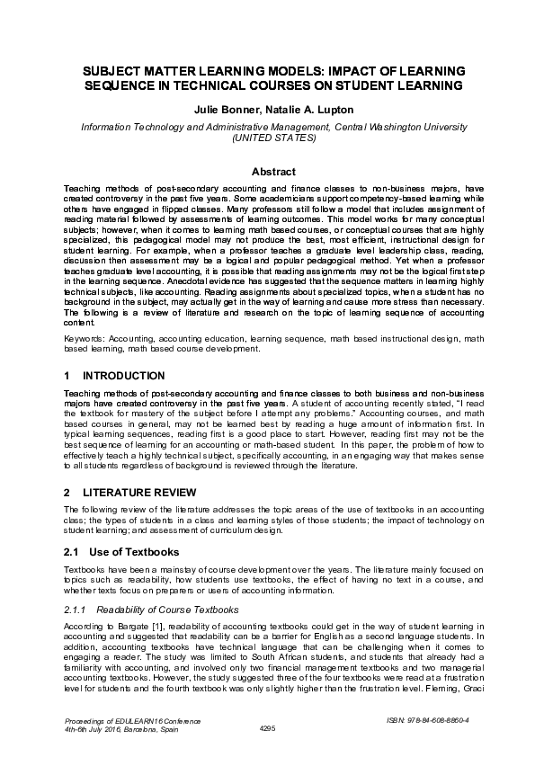 (PDF) SUBJECT MATTER LEARNING MODELS: IMPACT OF LEARNING SEQUENCE IN ...