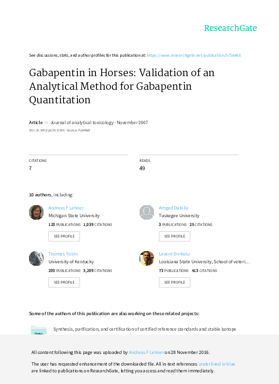 (PDF) Gabapentin in horses validation of an analytical method for