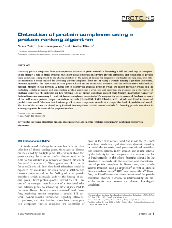 (PDF) Detection of protein complexes using a protein ranking algorithm
