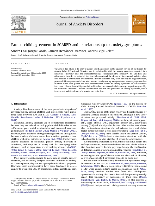 (PDF) Parent–child agreement in SCARED and its relationship to anxiety ...