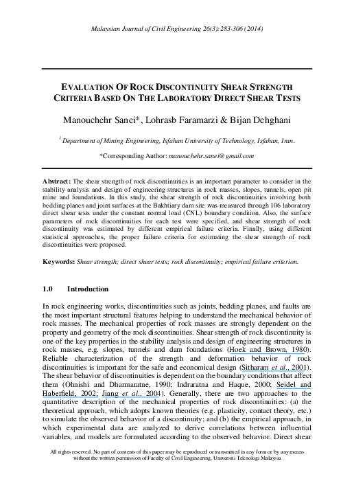(PDF) Evaluation of Rock Discontinuity Shear Strength Criteria Based on