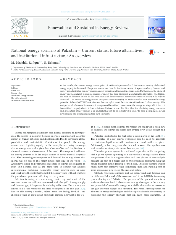 (PDF) National energy scenario of Pakistan – Current status, future ...