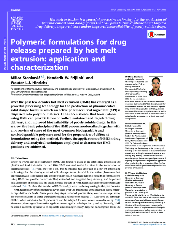 (PDF) Polymeric formulations for drug release prepared by hot melt ...