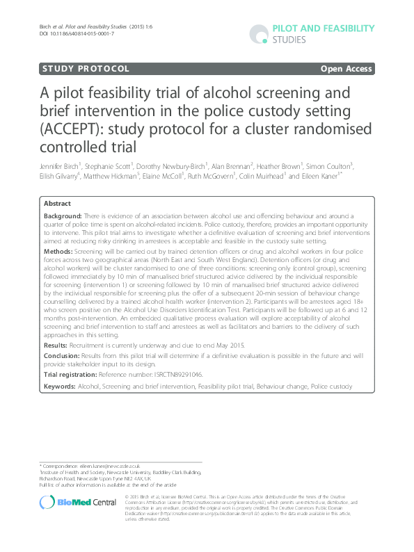 (PDF) A pilot feasibility trial of alcohol screening and brief ...