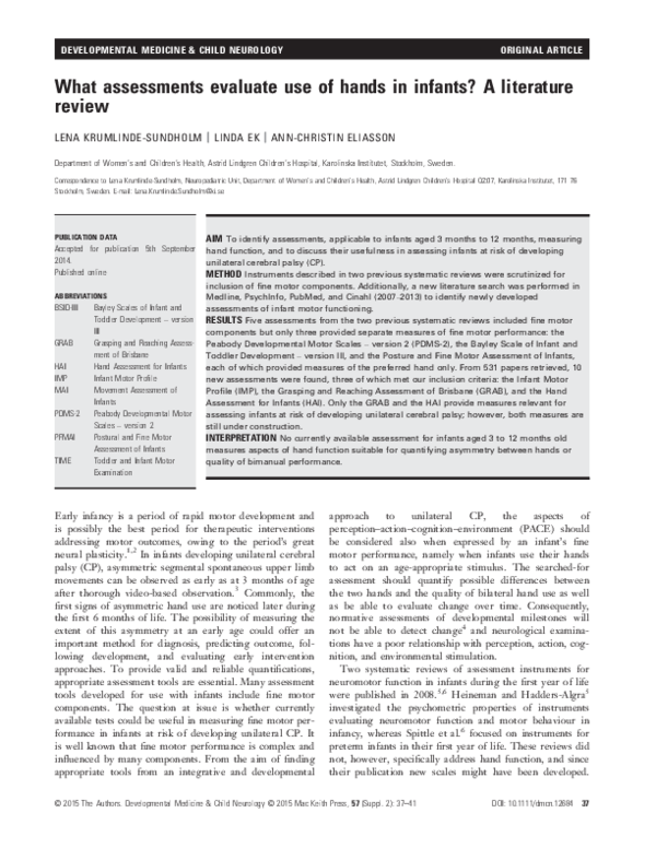(PDF) What assessments evaluate use of hands in infants? A literature
