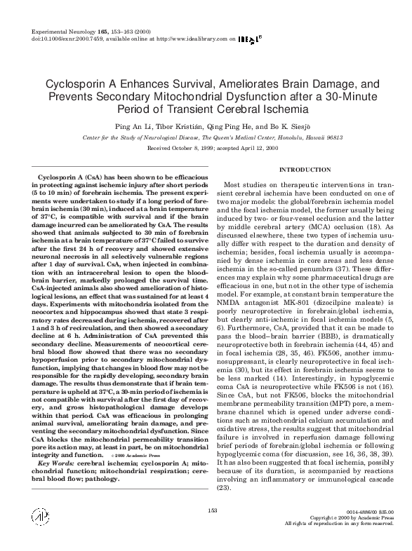 (PDF) Cyclosporin A Enhances Survival, Ameliorates Brain Damage, and ...