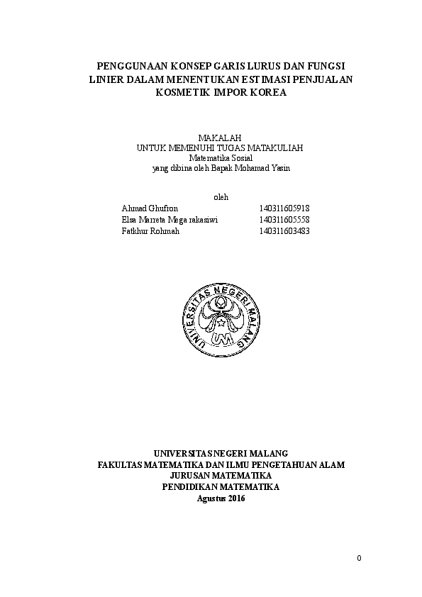 Doc Penggunaan Konsep Garis Lurus Dan Fungsi Linier Dalam Menentukan Estimasi Penjualan Kosmetik Impor Korea Elsa M R Academia Edu