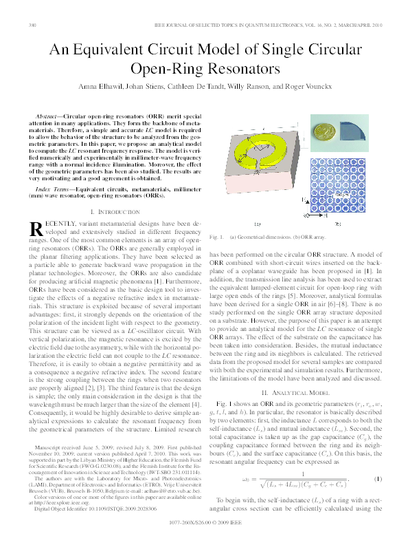 (PDF) An Equivalent Circuit Model of Single Circular Open-Ring Resonators