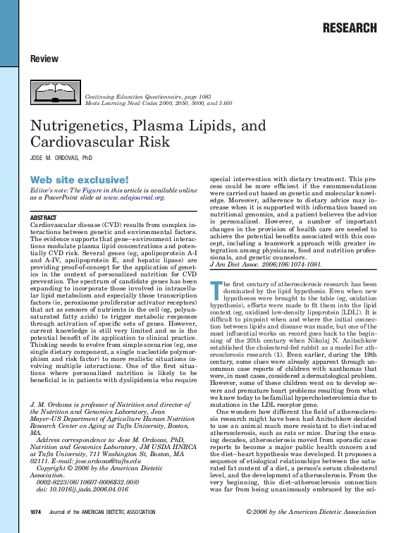 (PDF) Nutrigenetics, plasma lipids, and cardiovascular risk