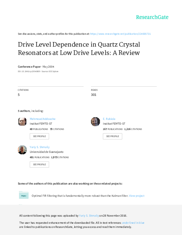 (PDF) Drive level dependence in quartz crystal resonators at low drive