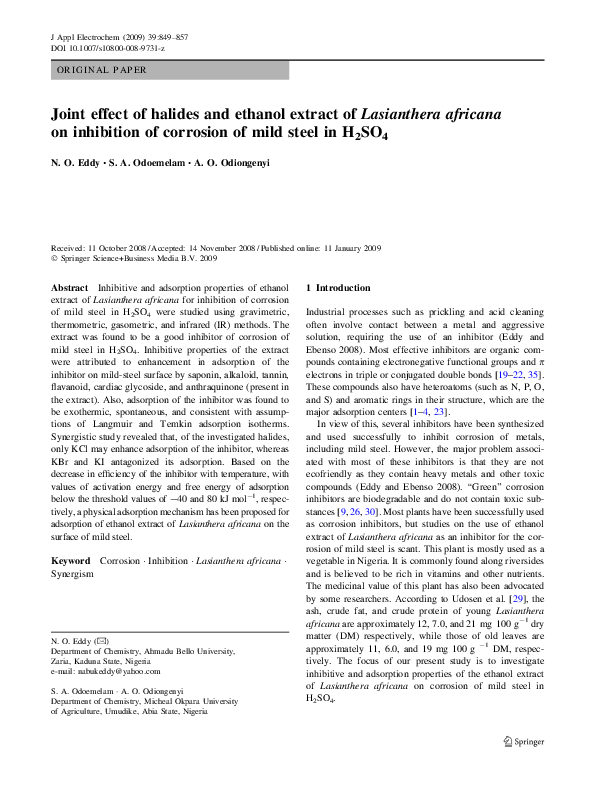 Pdf Joint Effect Of Halides And Ethanol Extract Of Lasianthera Africana On Inhibition Of Corrosion Of Mild Steel In H 2 So 4 Nnabuk Eddy Academia Edu