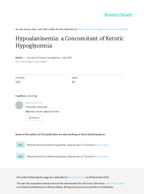 (PDF) Hypoalaninemia a of ketotic hypoglycemia Darryl C
