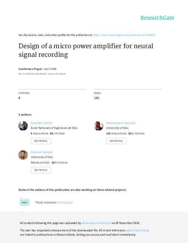 (PDF) Design of a micro power amplifier for neural signal recording