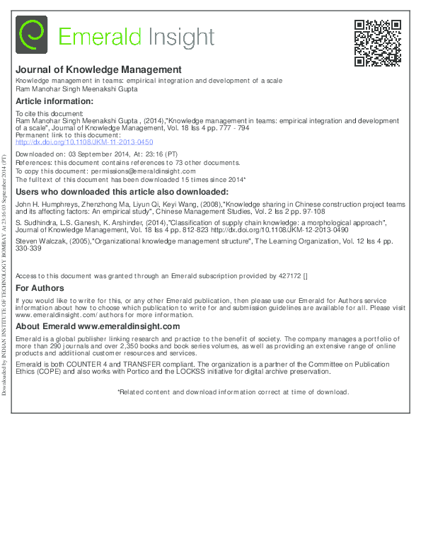 (PDF) Knowledge management in teams: empirical integration and ...