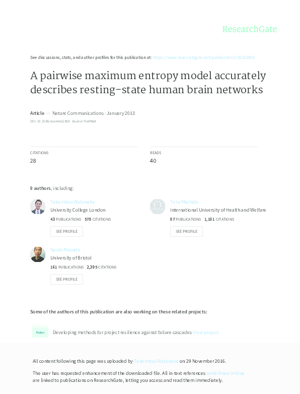 (PDF) A pairwise maximum entropy model accurately describes resting ...